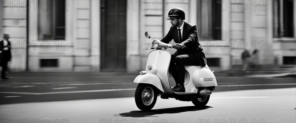 Italian elegant man wearing suit and tie driving vespa moped vintage scooter in Rome Italy at sunset traditional urban scene