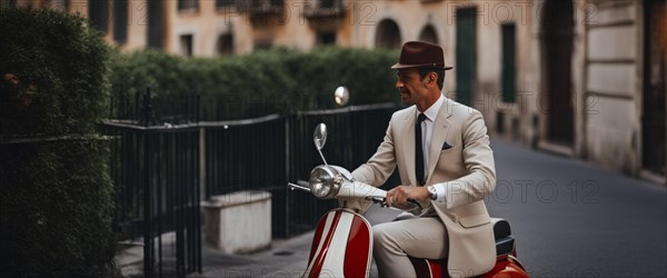 Italian elegant man wearing suit and tie driving vespa moped vintage scooter in Rome Italy at sunset traditional urban scene