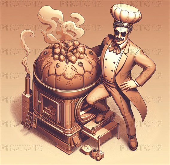 Glamourous chef in steampunk kitchen with windiwn natural light cooking posing dancing singing illustration generated ai art