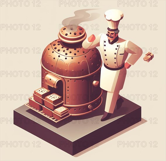 Glamourous chef in steampunk kitchen with windiwn natural light cooking posing dancing singing illustration generated ai art