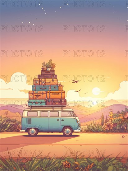 Huge load pile luggage on roof of vintage retro car van t1 german combi transporter