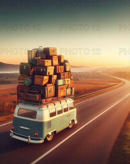 Huge load pile luggage on roof of vintage retro car van t1 german