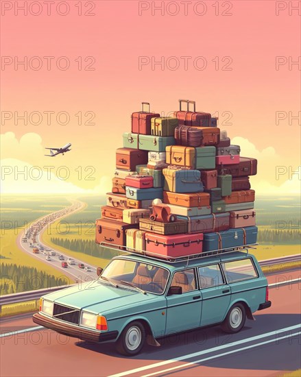 Huge luggage load pile of bags suitcases trolleys and holiday items on vintage 70s 80s vintage retro european swedish station wagon rack roof