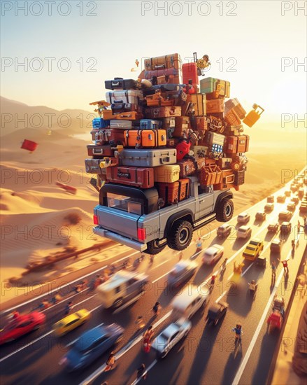 Huge luggage load pile on rack roof of fast flying 4x4 jeep with offroad big wheels