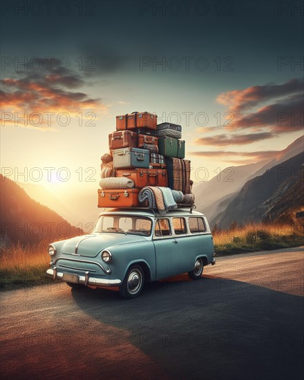 Huge Stack of luggage on crowded car roof