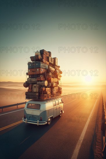 Huge load pile luggage on roof of vintage retro car van t1 german combi transporter