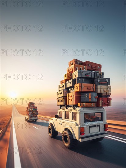 Huge luggage load pile on rack roof of fast flying 4x4 jeep with offroad big wheels