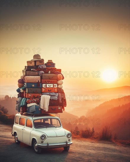 Huge Stack of luggage on crowded car roof