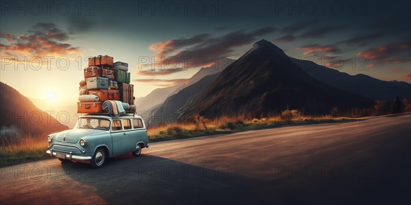 Huge luggage pile on vintage suv station car roof