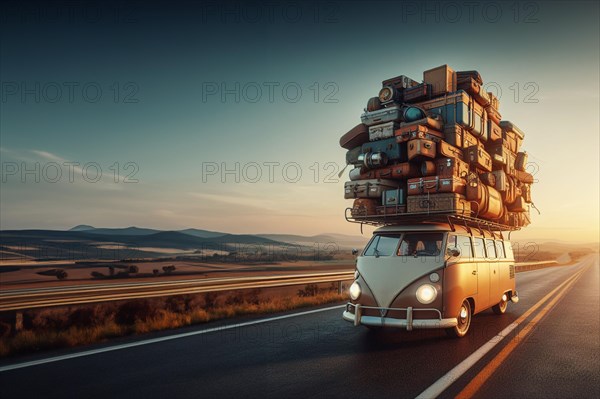 Huge load pile luggage on roof of speeding vintage retro car van t1 german combi transporter