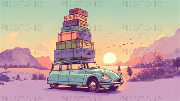Huge luggage load pile on rack roof of retro vintage romantic old timer french car