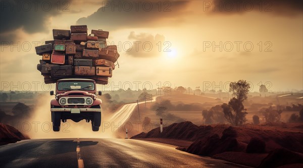 Huge luggage load pile on rack roof of fast flying 4x4 retro vintage jeep with offroad big wheels