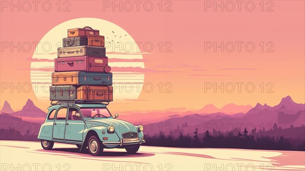 Huge luggage load pile on rack roof of retro vintage romantic old timer french car