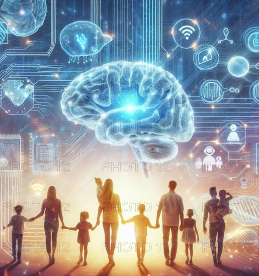 Graphic depict AI artificial intelligence happy people by hand learn advanced technology vantages