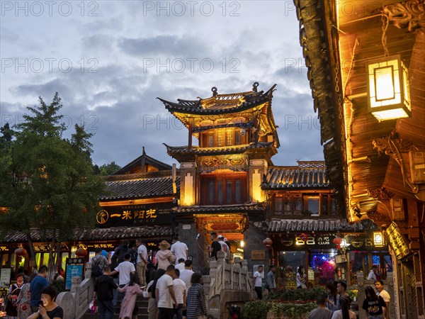 Old illuminated Chinese wooden houses