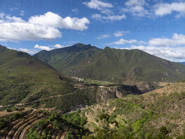 Settlements and paths between the mountains in the highlands of eastern Tibet