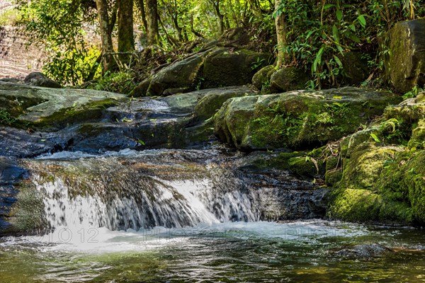 River and small waterfall inside the vegetation of preserved rainforest of Itatiaia park in Rio de Janeiro