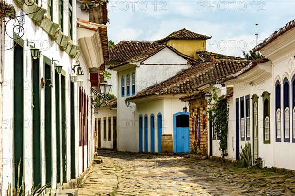 Old quiet street with cobblestones and colonial-style houses in the city of Paraty in Rio de Janeiro