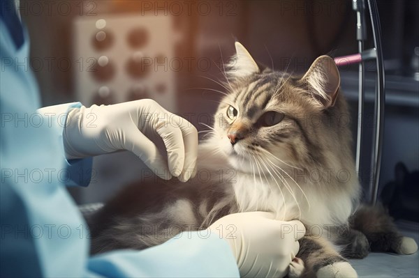 Veterinarian is examining a suspicious tabby cat. AI generated