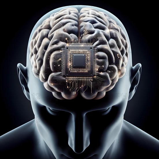 Illustration of a human brain connected to a AI microchip processor circuit board and other modern pomputer components. AI generated