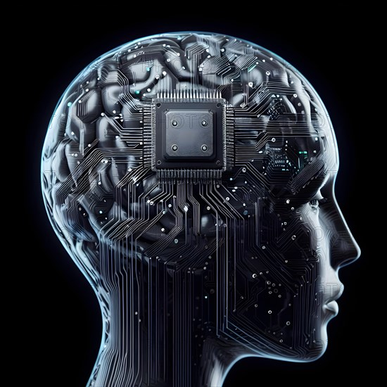 Illustration of a human brain connected to a AI microchip processor circuit board and other modern pomputer components. AI generated