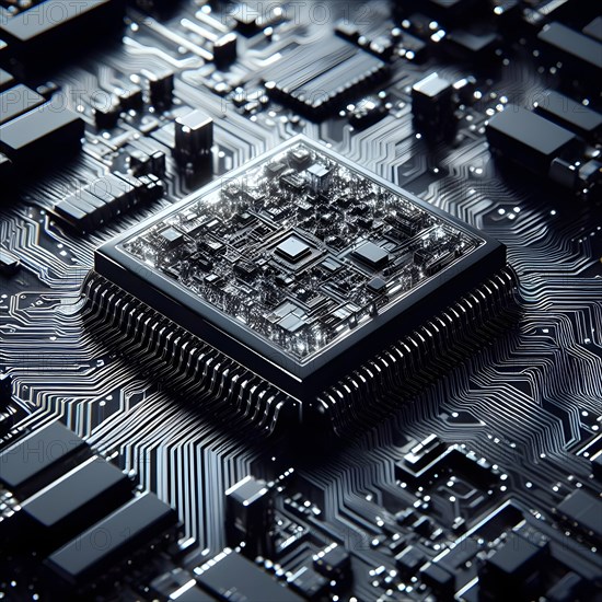 Illustration of a AI Microchip processor with circuit board and other electronic components. AI generated