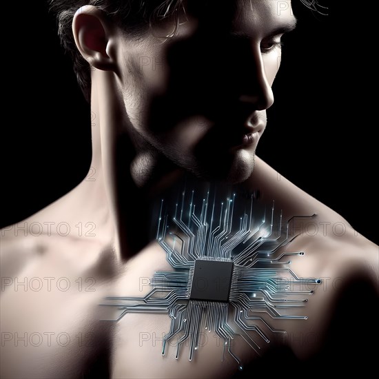 Illustration of a human body connected to a AI microchip processor circuit board and other modern computer components. AI generated