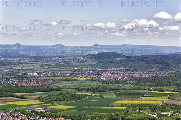 View of the foothills of the Swabian Alb with the Three Imperial Mountains Hohenstaufen