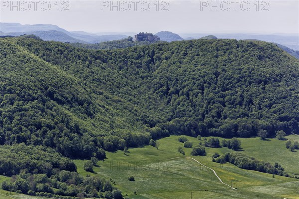 View of the forest Albtrauf Swabian Alb with Hohenneuffen Castle