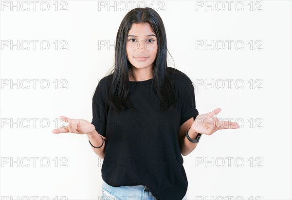 Girl with puzzled face frowning. Puzzled people making hand gestures. Puzzled woman gesturing with hand isolated