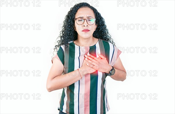 Afro woman with heart pain touching chest isolated. Afro girl with tachycardia. People with heart problems