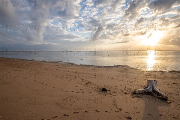 Sunrise on the sandy beach. Landscape shot with a view of the sea and the beach. Waves of light and a morning atmosphere that only exists in Sanur