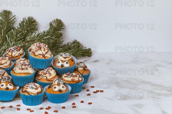 Muffins in blue ramekins with chocolate icing and sugar sprinkles