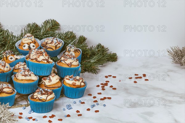 Muffins in blue ramekins with chocolate icing and sugar sprinkles