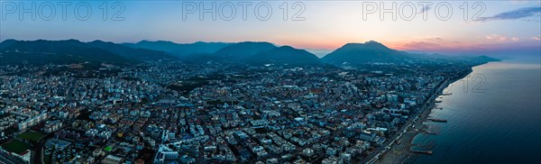 Panorama of Sunrise over Alanya Beach from a drone