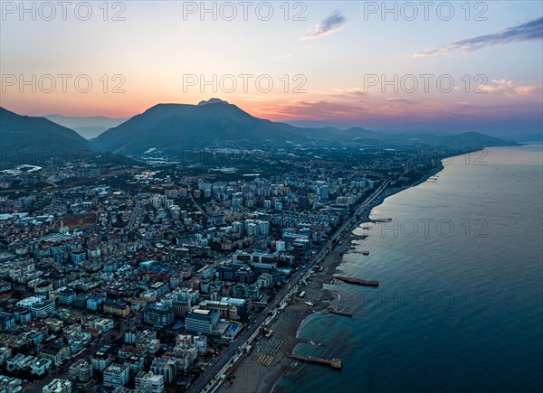 Sunrise over Alanya Beach from a drone