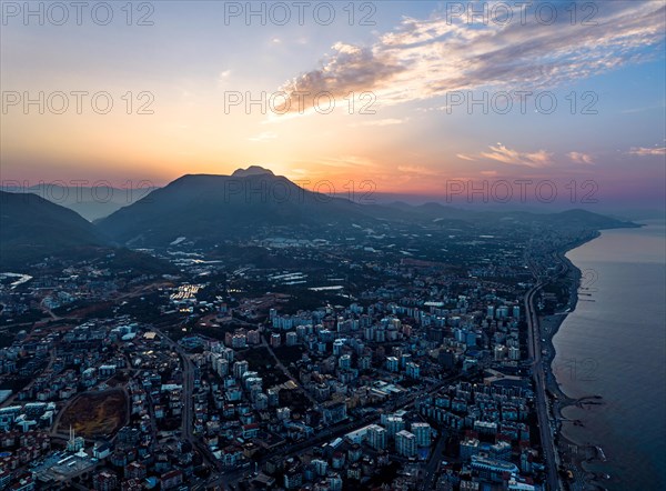 Sunrise over Alanya Beach from a drone