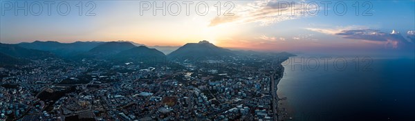 Panorama of Sunrise over Alanya Beach from a drone