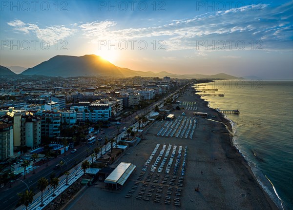 Sunrise over Alanya Beach from a drone