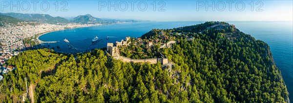 Panorama of Alanya Castle and Marina from a drone