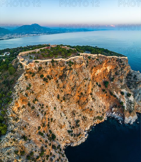 Panorama of Alanya Castle and Marina from a drone