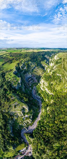 Panorama of Cliff Road and valey in Cheddar Gorge and Caves