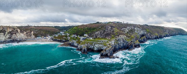 Panorama of St Agnes Beach and cliffs from a drone