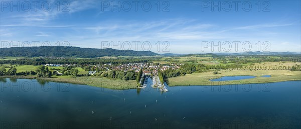 Aerial panorama of western Lake Constance with the Lake Constance municipality of moss and the marina