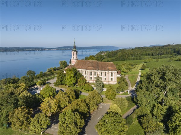 Aerial view of the Birnau pilgrimage church on Lake Constance