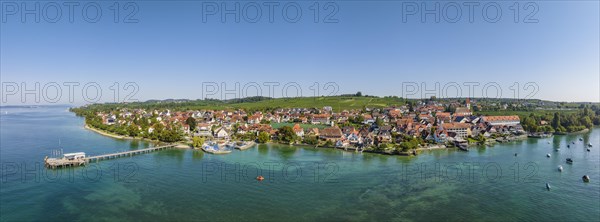 Aerial panorama of the Lake Constance municipality of Hagnau with the jetty