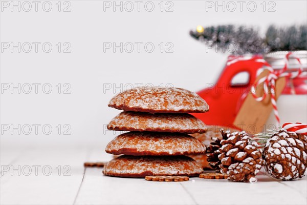 Stack of traditional German round glazed gingerbread Christmas cookie called 'Lebkuchen'