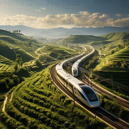 Modern futuristic express train travels through the landscape at high speed