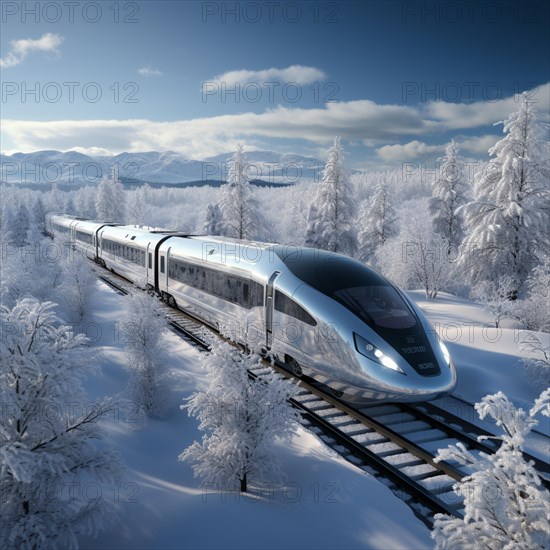 Modern futuristic express train travels through the landscape at high speed