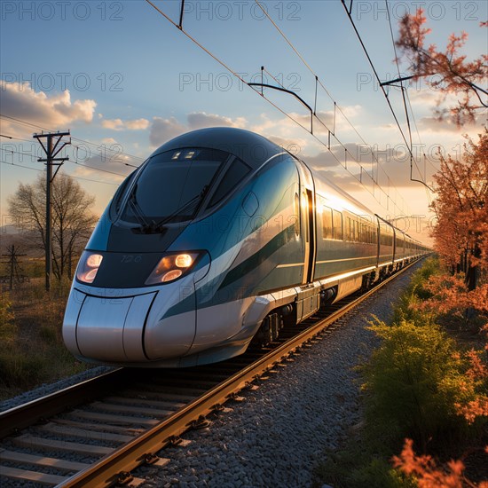 Modern futuristic express train travels through the landscape at high speed